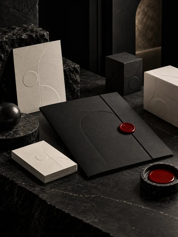 Unbranded stationery and packaging arranged on a charcoal stone surface