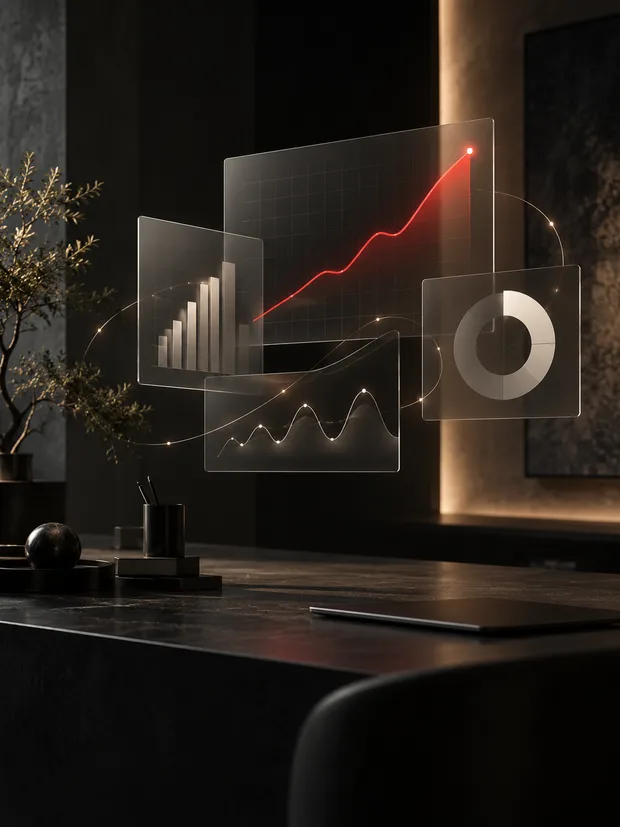Sculptural analytics charts with a red upward trend in a dark studio