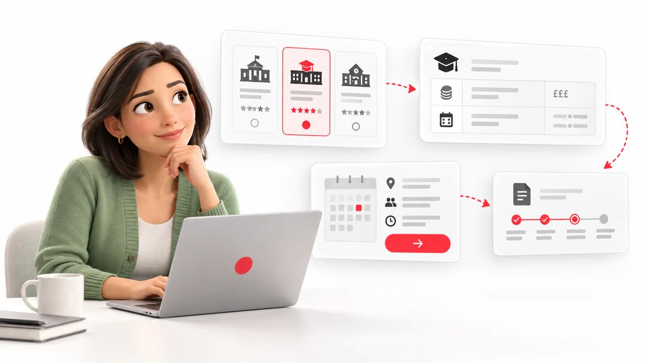 A parent at a laptop comparing three schools, with fees and term dates, an open-day booking and an application progress bar connected in order