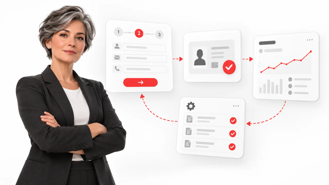 A finance lead beside an onboarding step, an identity verification, a dashboard figure and an automated task, connected as one process