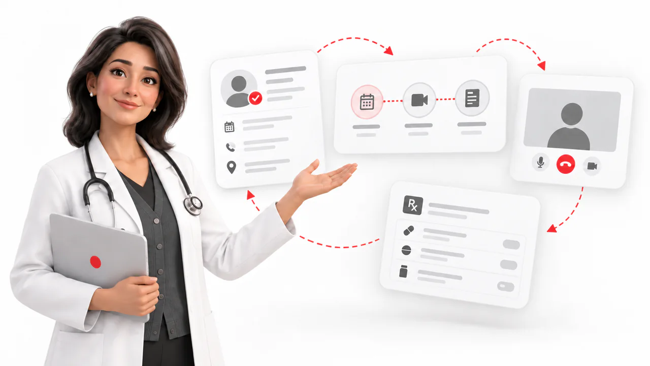 A doctor beside a three-step appointment journey, with patient records, a video consultation and a prescription list connected in a loop