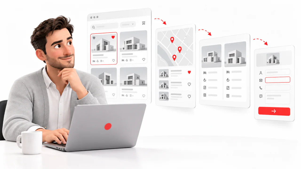 An agent at a laptop with a property search grid, a map of pins, a side-by-side comparison and an enquiry form connected in sequence