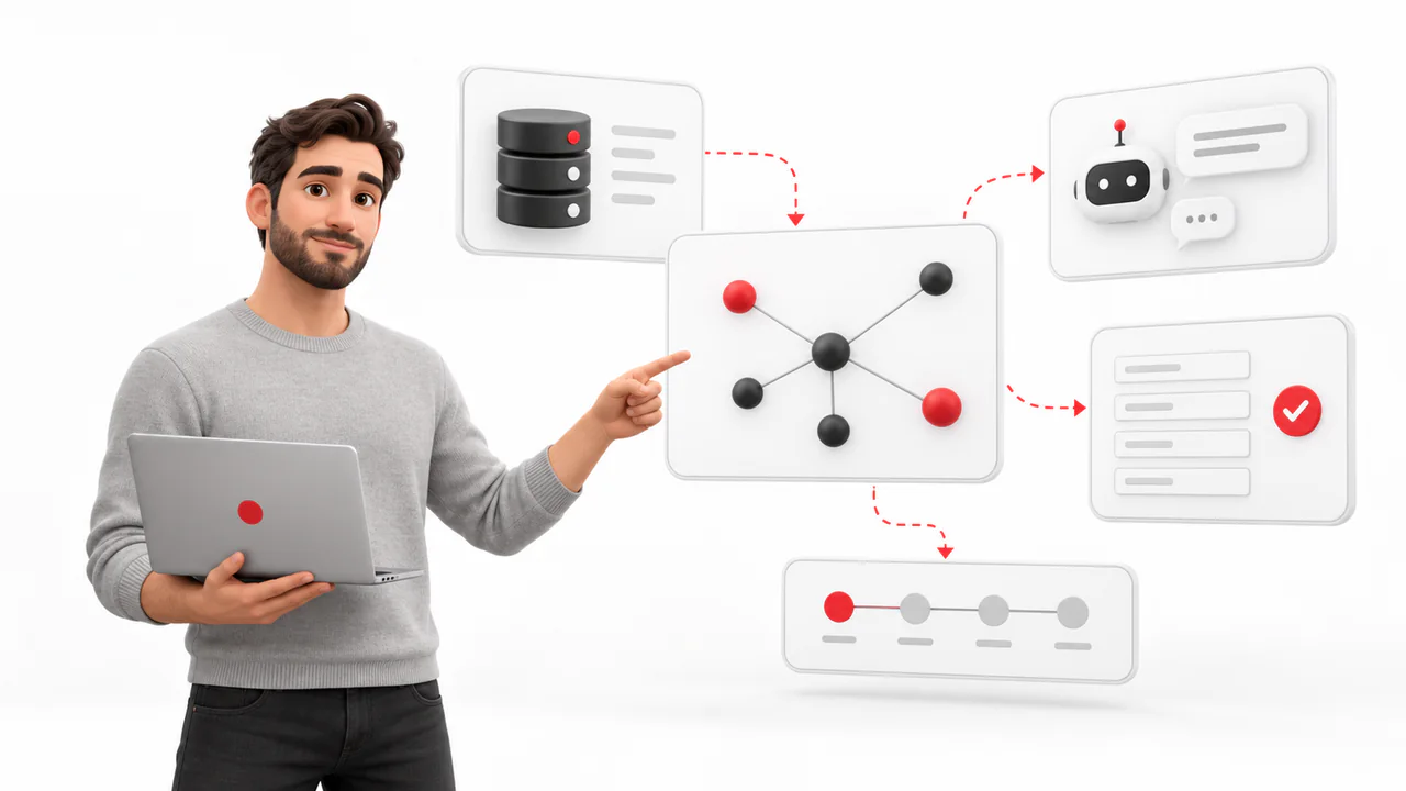 A consultant pointing at a node diagram, with a chat assistant, an automated form, a data store and a roadmap connected around it
