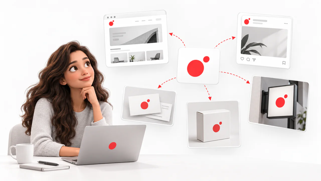 A brand designer looking at a single logo mark radiating out into website, social, print, signage and packaging applications
