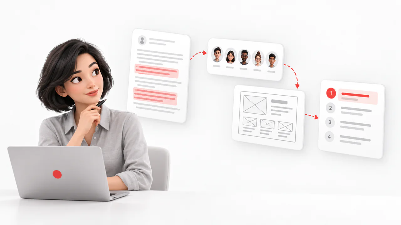 A researcher studying an interview transcript, a group of test participants, a paper prototype and a ranked list of findings