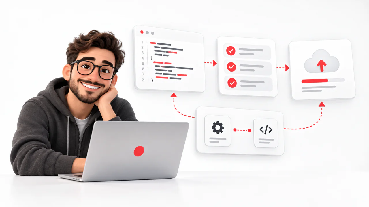 A developer at a laptop with code, test checklist and deployment cards connected left to right as a pipeline