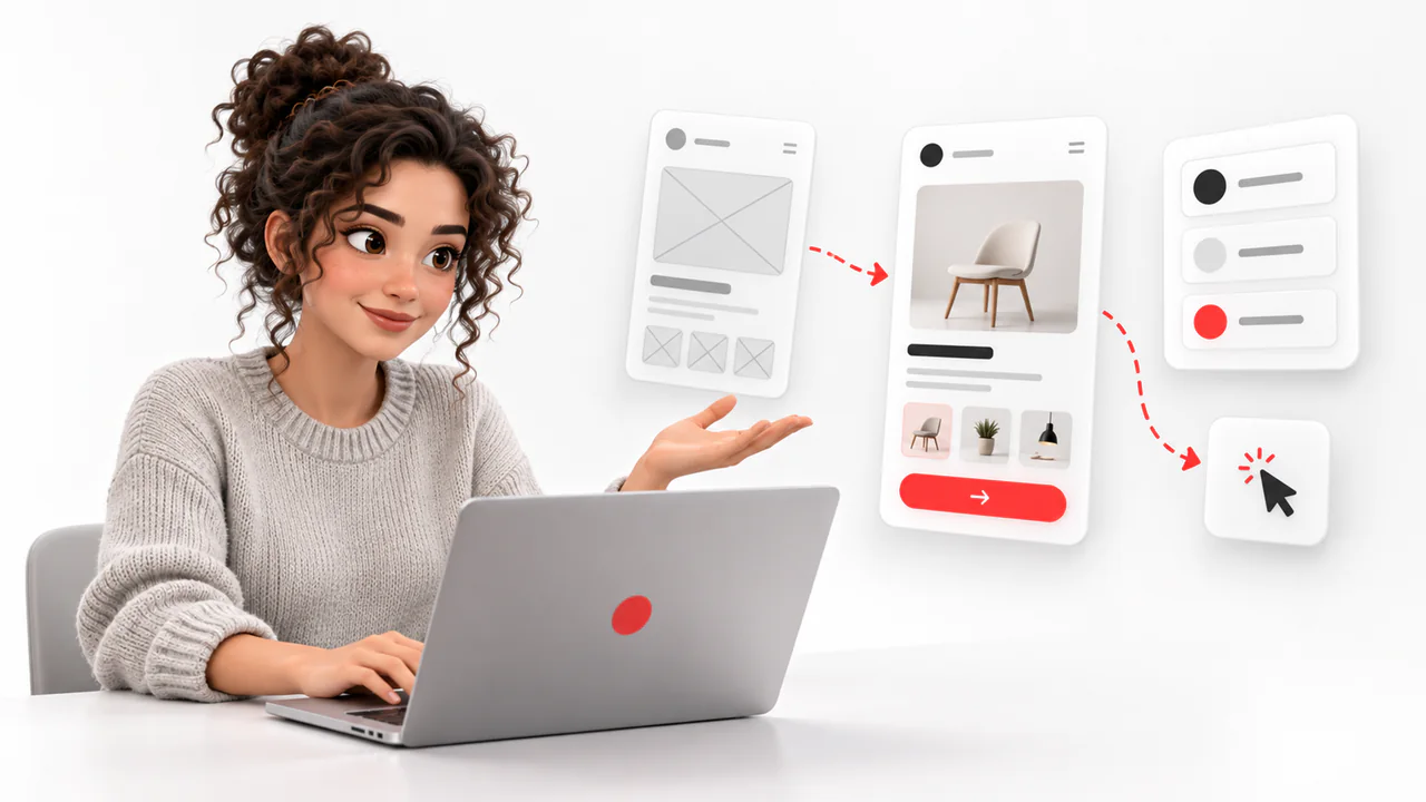 A designer gesturing at her screen, with a wireframe card, a finished mobile interface and a cursor click connected in sequence beside her