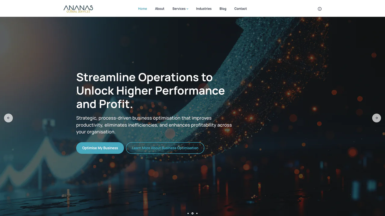 The Ananas Global Services homepage: “Streamline Operations to Unlock Higher Performance and Profit.” over a dark rising-arrow graphic, with Optimise My Business and Learn More About Business Optimisation buttons.