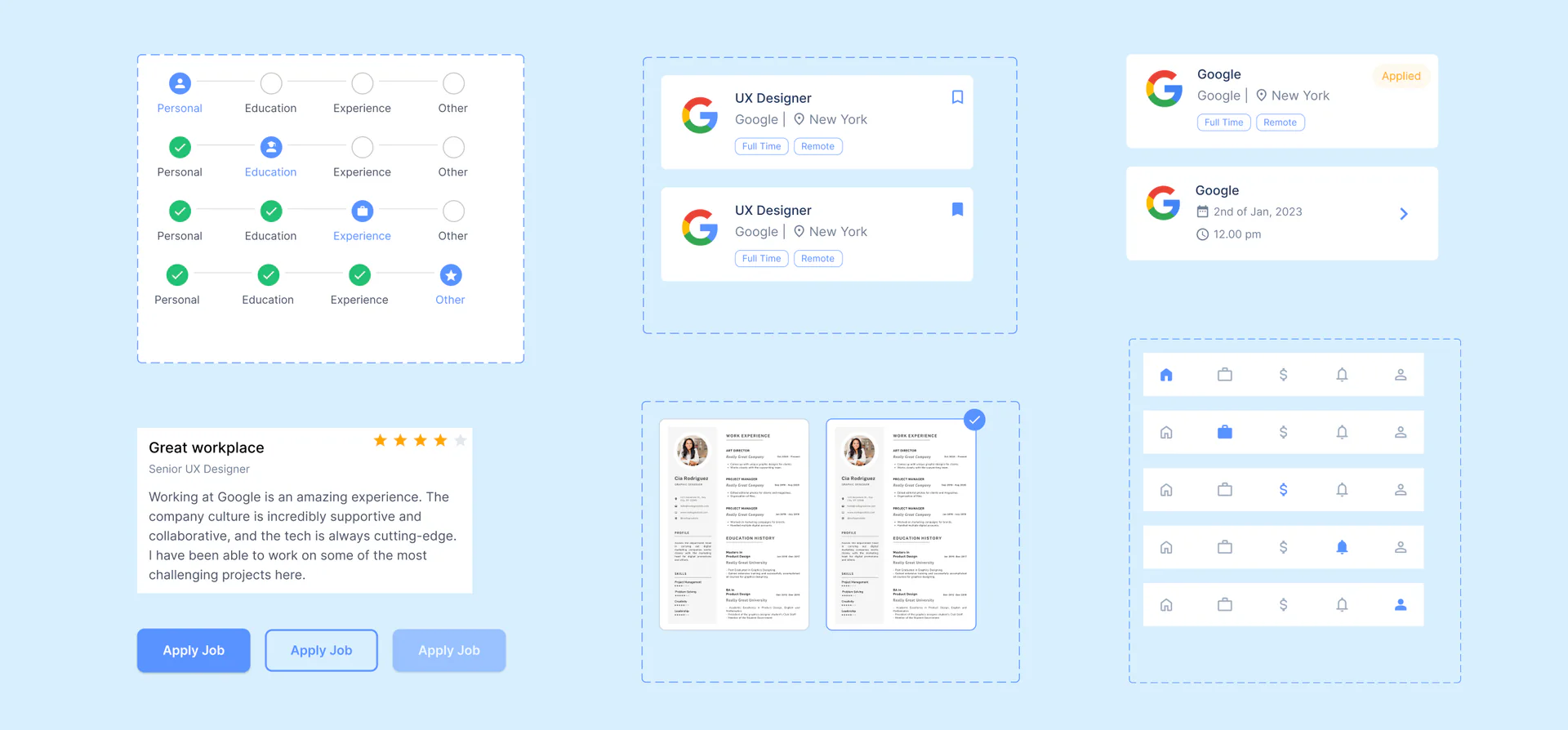 Careerfy interface components: a profile progress stepper, saved job cards, application status cards, a company review with Apply Job buttons, resume templates and tab bar states.