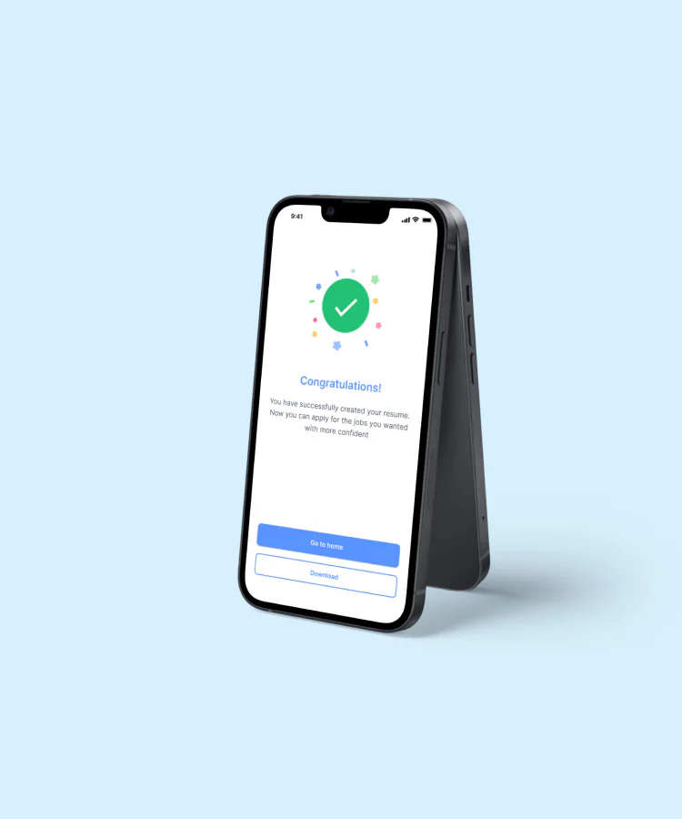 An iPhone showing Careerfy's “Congratulations!” screen confirming a resume has been created, with Go to Home and Download buttons.