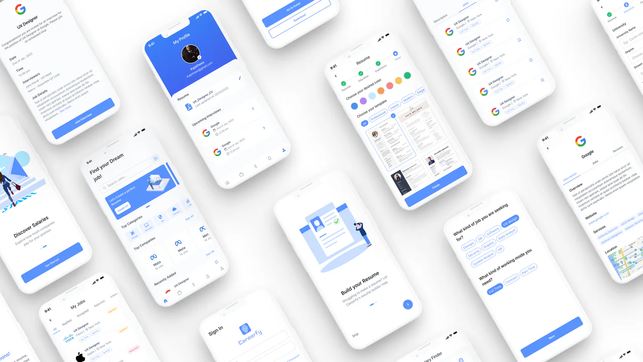 Careerfy app screens scattered at an angle on a white ground: onboarding, sign-in, salary discovery, job listings, a resume builder and job preference questions.