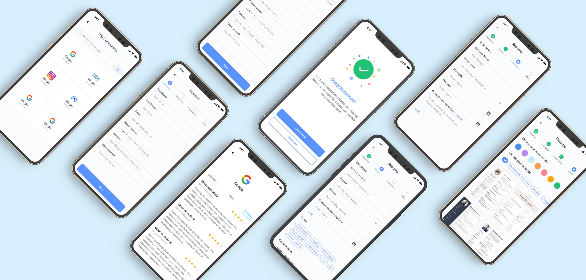 Careerfy screens laid out at an angle on a pale blue ground, including company listings, job details with reviews, an application confirmation and resume templates.