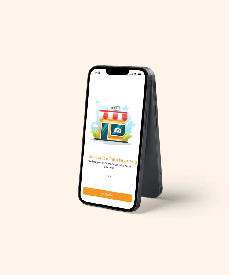 An iPhone showing the Fruity onboarding screen “Best Juice Bars Near You”.