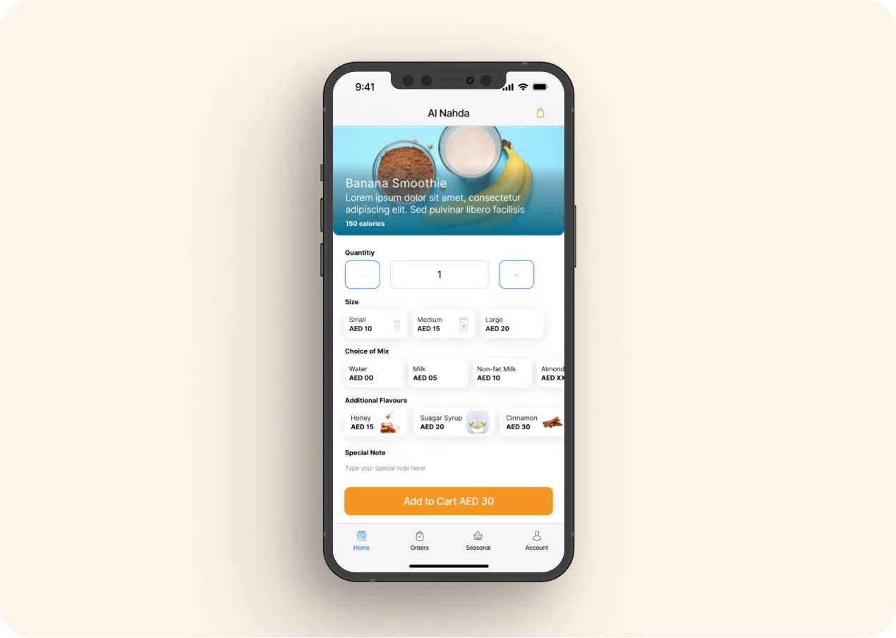 Fruity product screen for a banana smoothie: quantity, size, choice of milk, additional flavours, a special note and Add to Cart.