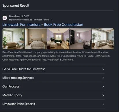 DecoPaint sponsored result “Limewash For Interiors – Book Free Consultation” with interior photos and sitelinks for quotes, micro topping, process, metallic epoxy and limewash experts.