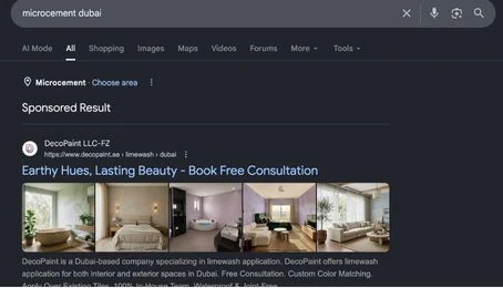 Google sponsored result for “microcement dubai”: a DecoPaint ad headed “Earthy Hues, Lasting Beauty – Book Free Consultation” with five interior photos.