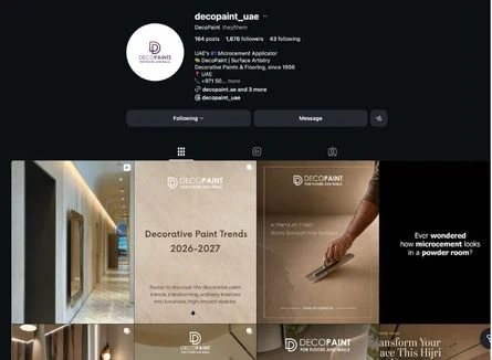 The decopaint_uae Instagram profile, with 164 posts and 1,876 followers, showing a grid of decorative paint and microcement posts.