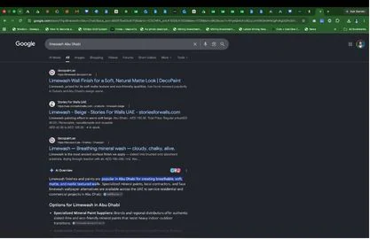 Google results page for “limewash Abu Dhabi” with decopaint.ae listed in first and third organic position above the AI Overview.