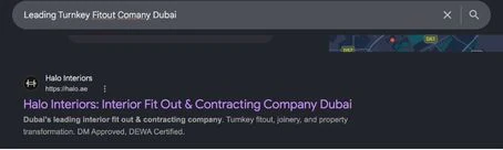 Google search for “Leading Turnkey Fitout Company Dubai” with Halo Interiors, halo.ae, as the first organic result.