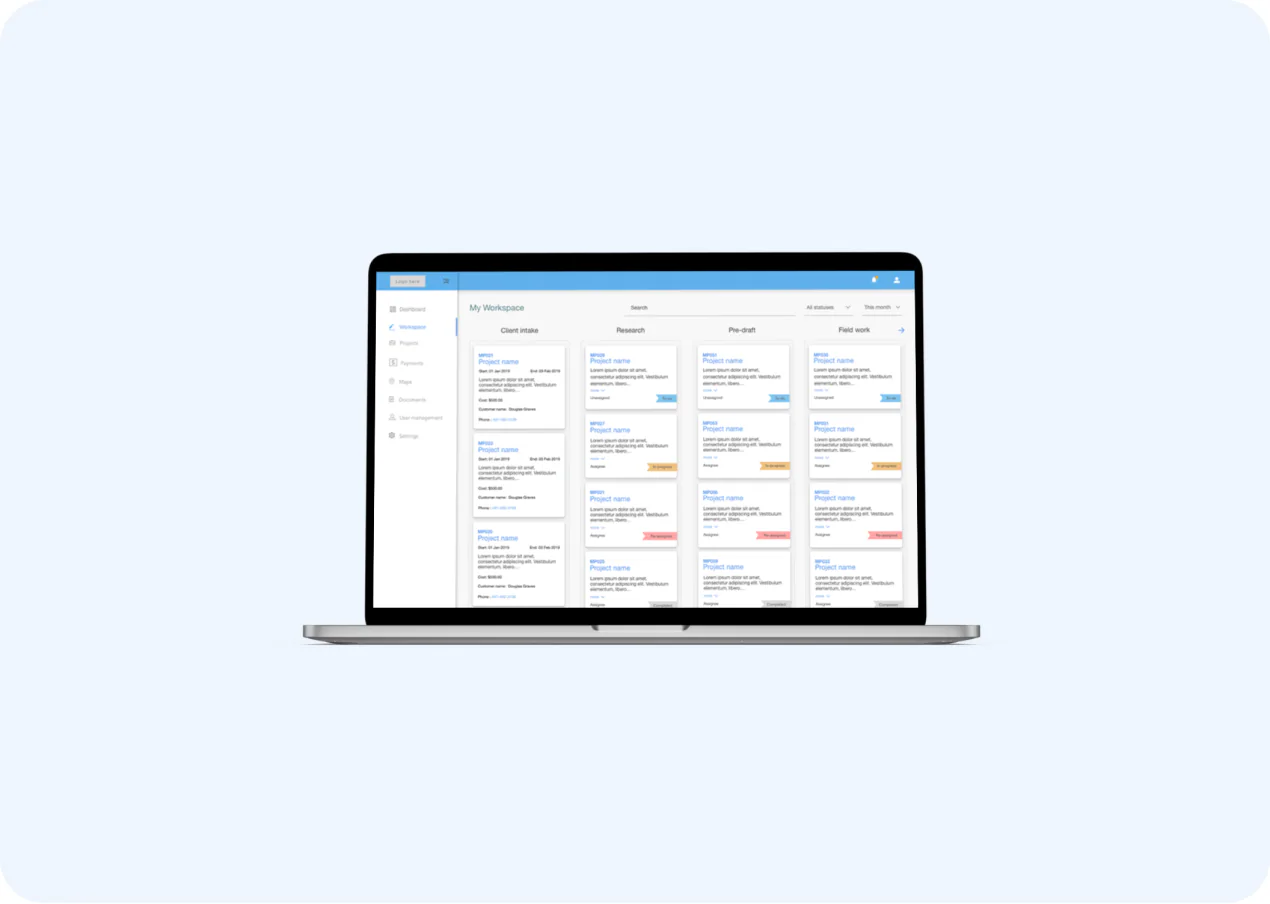 A laptop showing Maptrade's project board: columns of project cards with status tags.