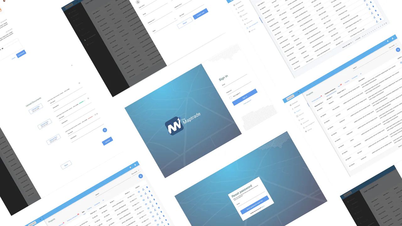 Maptrade web app screens laid out at an angle: the sign-in and reset password screens on a blue map-line background, project tables, document forms and a dark sidebar.