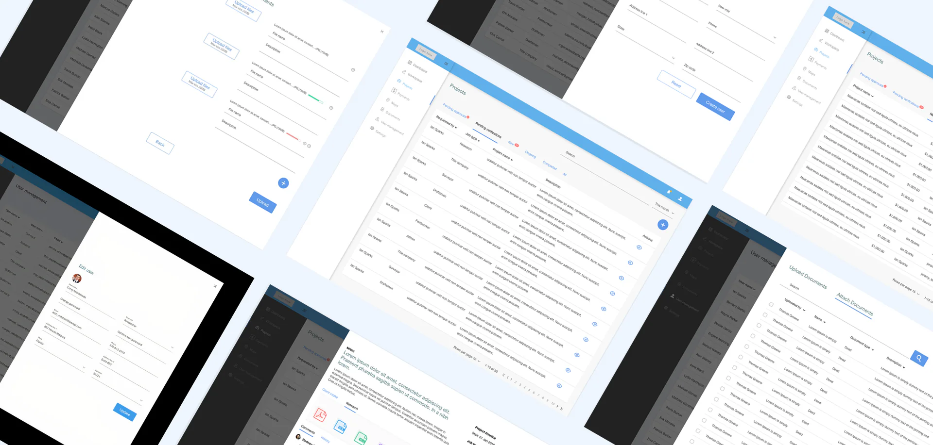Maptrade web app screens laid out at an angle: project tables, a document form, a user profile panel and dark sidebar navigation.