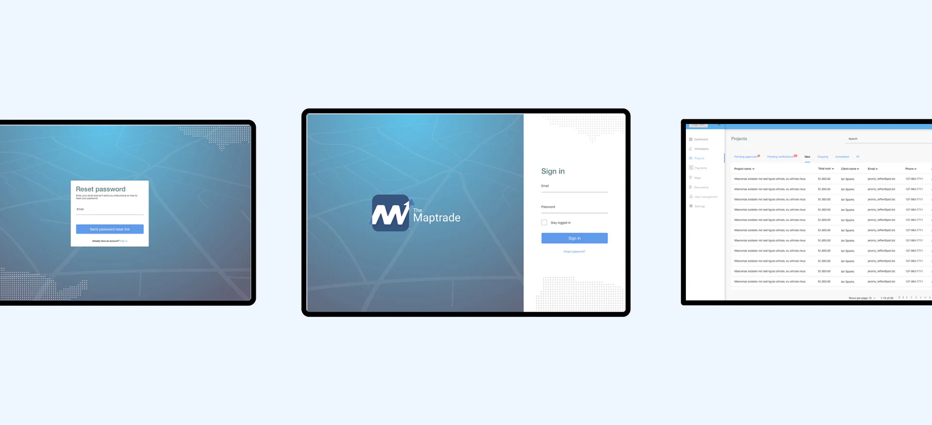 Three tablet frames showing Maptrade's reset password, sign-in and projects table screens.