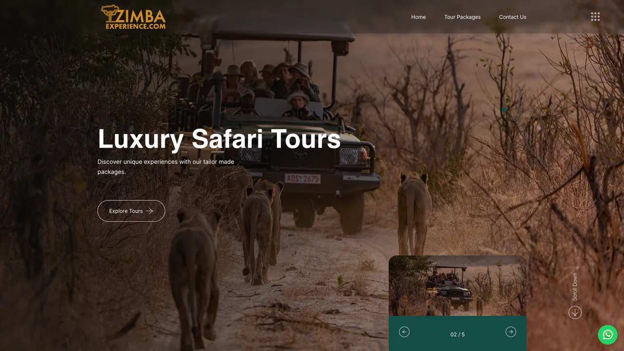 The Zimba Experience homepage: “Luxury Safari Tours” over a photo of a safari vehicle following a pride of lions down a dirt track, with an Explore Tours button and a slideshow control.